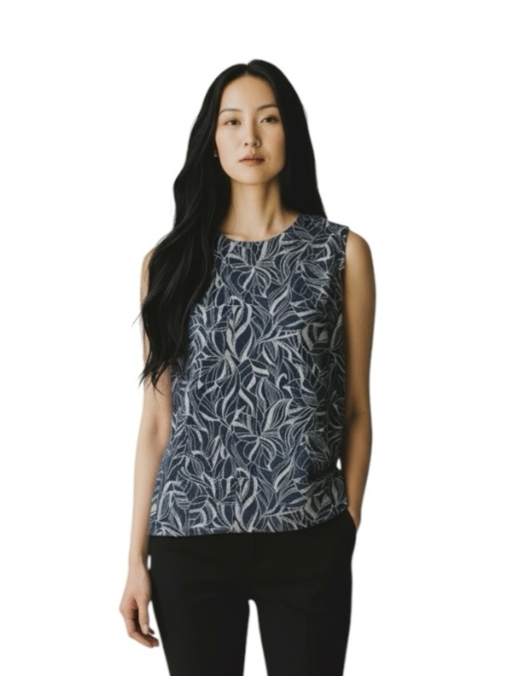 J. McLaughlin Sylvie Denim Leaf Lover Navy & White Sleeveless Cotton Blouse, M